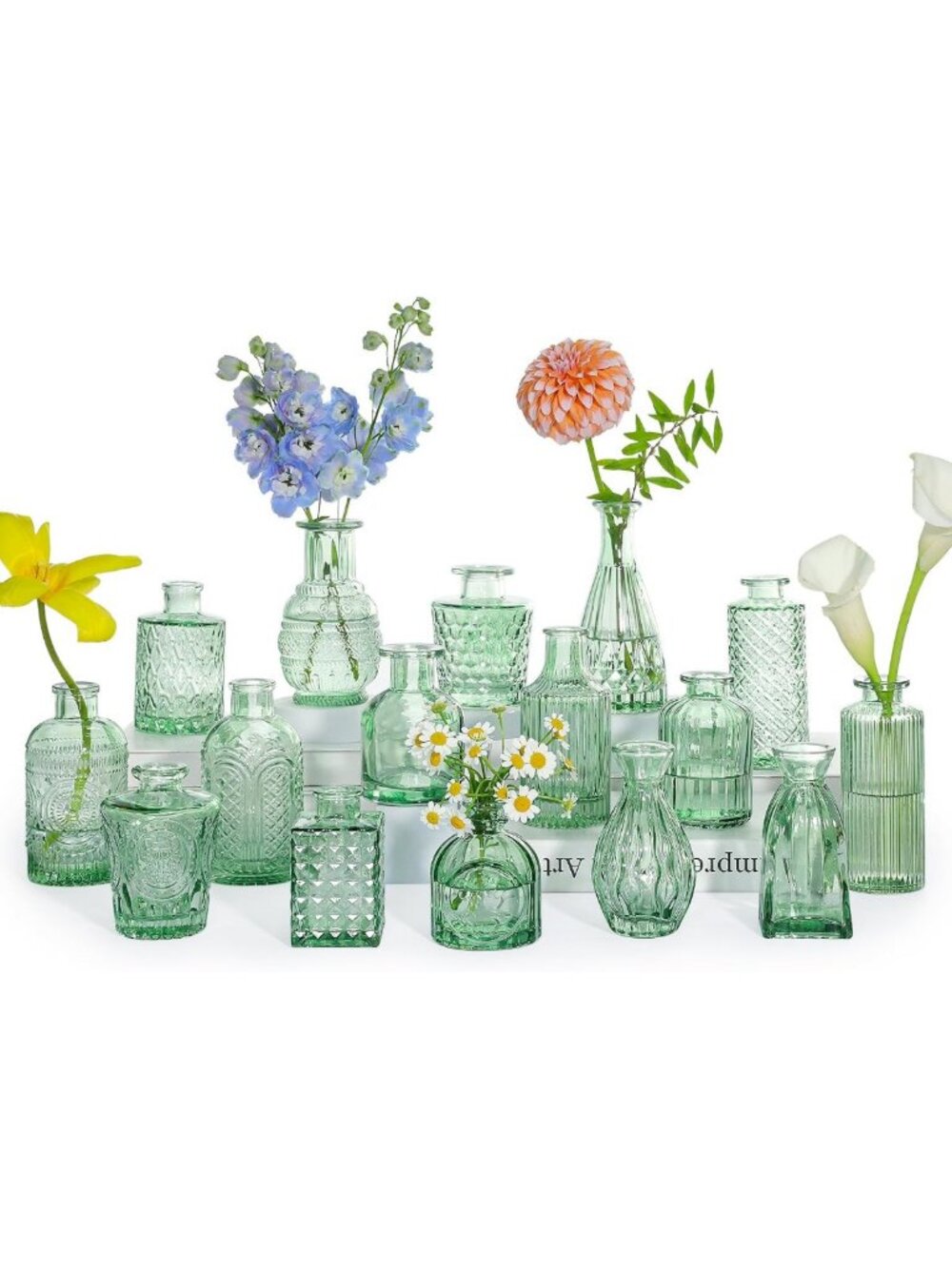 16pcs Green Glass Bud Vases Set for Centerpieces, Small Flower Decor, Home